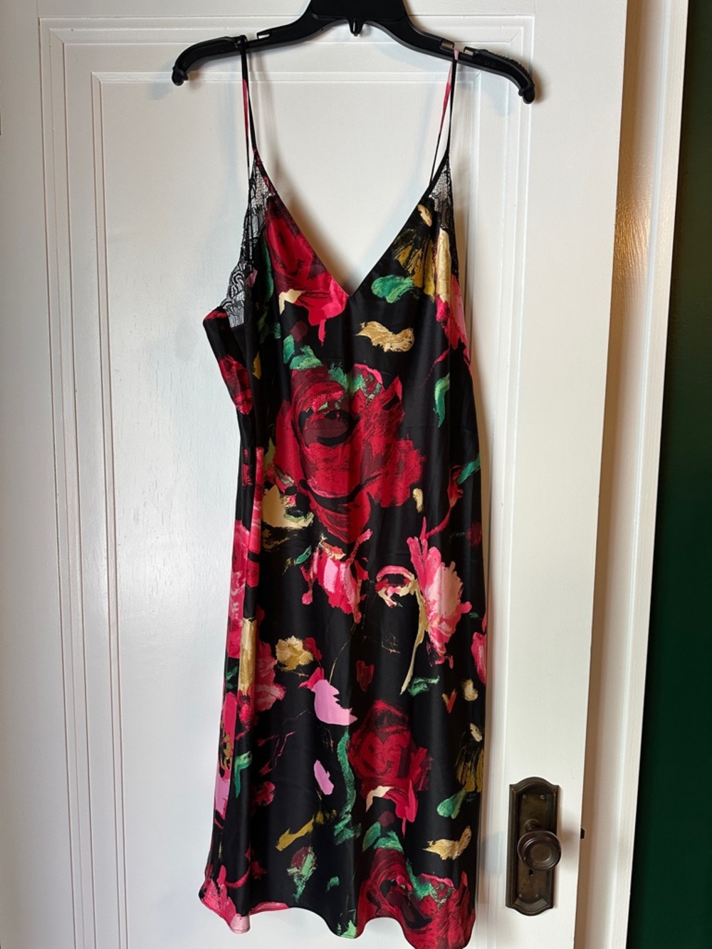 Natori Black Satin Floral Slip Dress with Red, Pink & Green Accents